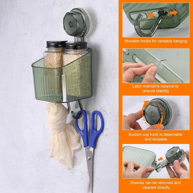 Alt view image 4 of 7 - Wall Mount Organizer Shelf Dispenser Rack Storage for Bathroom Kitchen, 1Pcs Clear Suction Cup Shower Caddy with Hooks