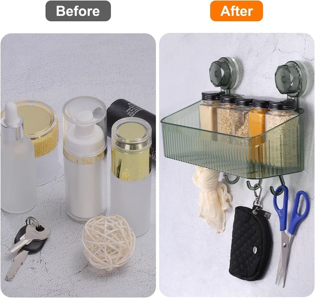 Alt view image 6 of 7 - Wall Mount Organizer Shelf Dispenser Rack Storage for Bathroom Kitchen, 1Pcs Clear Suction Cup Shower Caddy with Hooks