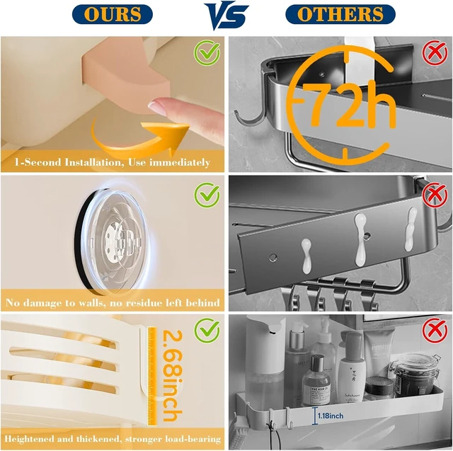 Alt view image 4 of 7 - Rustproof & Waterproof Removable Storage Rack, No-Drill Hanging Bathroom Organizer with Hooks, Suction Cup Corner Shower Shelf