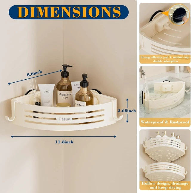 Alt view image 6 of 7 - Rustproof & Waterproof Removable Storage Rack, No-Drill Hanging Bathroom Organizer with Hooks, Suction Cup Corner Shower Shelf