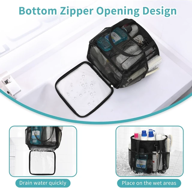 Alt view image 3 of 7 - Travel, Beach, Gym, Quick-Dry Toiletry Organizer with Multiple Pockets for Dorm, Portable Mesh Shower Tote Bag with Hanging Hook & Drawstring