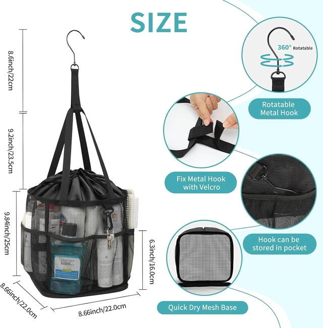 Alt view image 5 of 7 - Travel, Beach, Gym, Quick-Dry Toiletry Organizer with Multiple Pockets for Dorm, Portable Mesh Shower Tote Bag with Hanging Hook & Drawstring