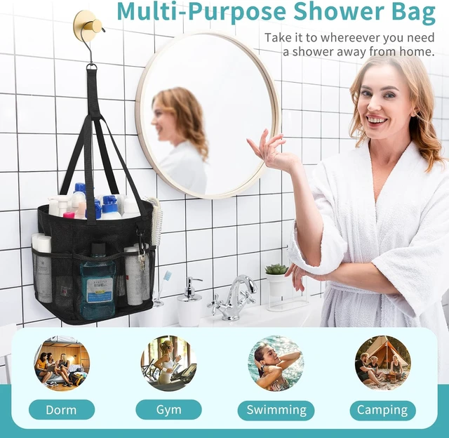 Alt view image 6 of 7 - Travel, Beach, Gym, Quick-Dry Toiletry Organizer with Multiple Pockets for Dorm, Portable Mesh Shower Tote Bag with Hanging Hook & Drawstring