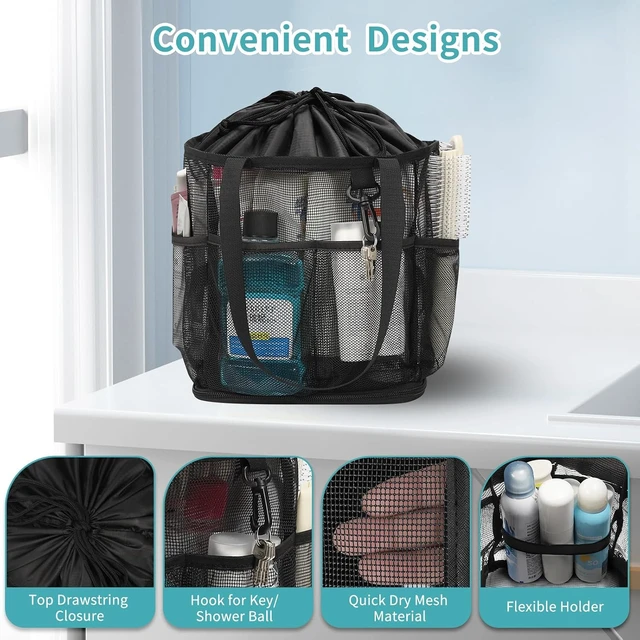 Alt view image 7 of 7 - Travel, Beach, Gym, Quick-Dry Toiletry Organizer with Multiple Pockets for Dorm, Portable Mesh Shower Tote Bag with Hanging Hook & Drawstring