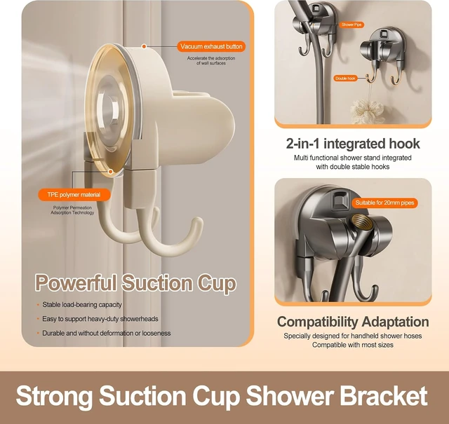 Alt view image 3 of 6 - Durable & Reusable, No-Drill Adjustable Wall Bracket with Hooks for Handheld Hose, Strong Suction Cup Shower Head Holder