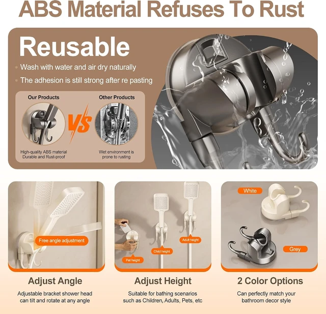 Alt view image 4 of 6 - Durable & Reusable, No-Drill Adjustable Wall Bracket with Hooks for Handheld Hose, Strong Suction Cup Shower Head Holder