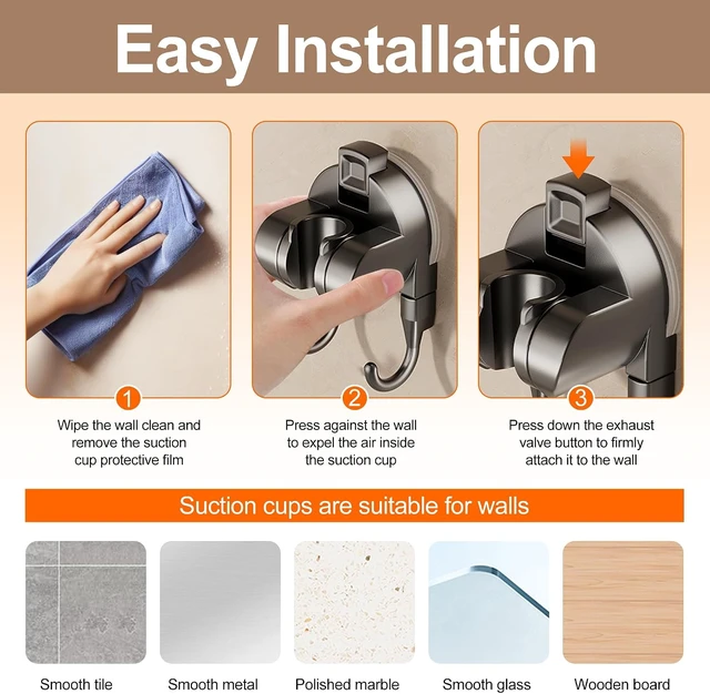 Alt view image 6 of 6 - Durable & Reusable, No-Drill Adjustable Wall Bracket with Hooks for Handheld Hose, Strong Suction Cup Shower Head Holder
