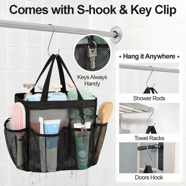Alt view image 7 of 7 - Portable Mesh Shower Organizer with S-Hook - Multi-Pocket Bath Bag for Dorm & Camping