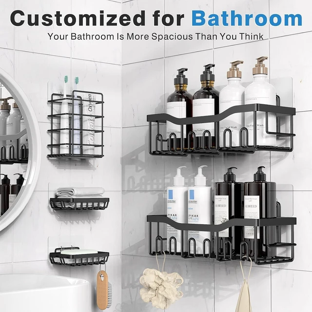 Alt view image 2 of 7 - Bathroom/Kitchen Storage Home Decor, Space-Saving Shower Shelves for Apartment Essentials, 5-Pack Rustproof Stainless Steel Shower Caddy Set No Drill Adhesive Bathroom Organizer