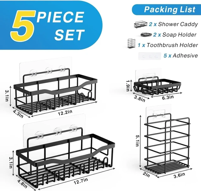 Alt view image 3 of 7 - Bathroom/Kitchen Storage Home Decor, Space-Saving Shower Shelves for Apartment Essentials, 5-Pack Rustproof Stainless Steel Shower Caddy Set No Drill Adhesive Bathroom Organizer