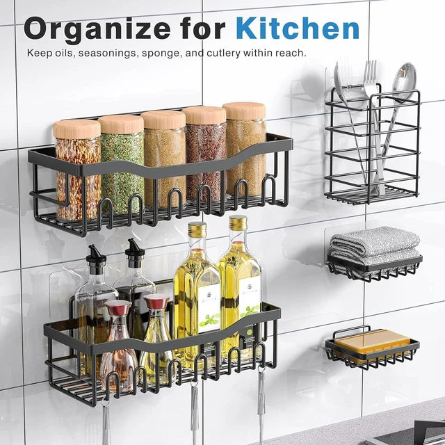 Alt view image 7 of 7 - Bathroom/Kitchen Storage Home Decor, Space-Saving Shower Shelves for Apartment Essentials, 5-Pack Rustproof Stainless Steel Shower Caddy Set No Drill Adhesive Bathroom Organizer