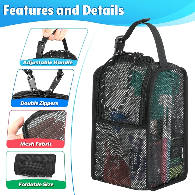 Alt view image 3 of 7 - Quick Dry Hanging Bath Organizer for Travel Gym Swimming Beach Camping & Dorm Room, Portable Mesh Shower Tote Bag with Double Zippers