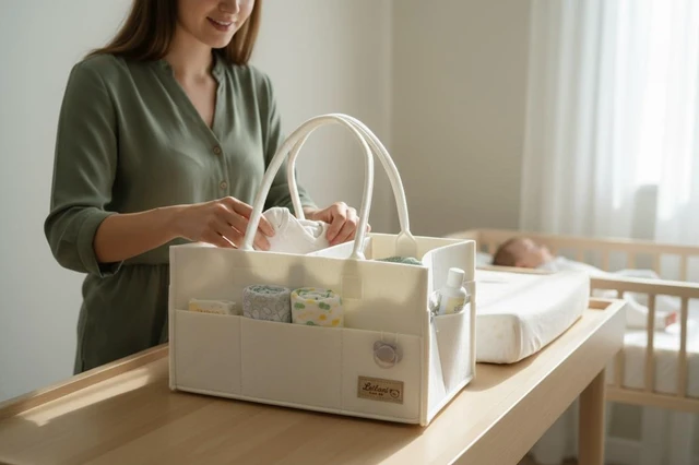 Alt view image 6 of 7 - Diaper Caddy Organizer with Handles and Removable Dividers for Baby Essentials, Portable Felt Nursery Storage Basket