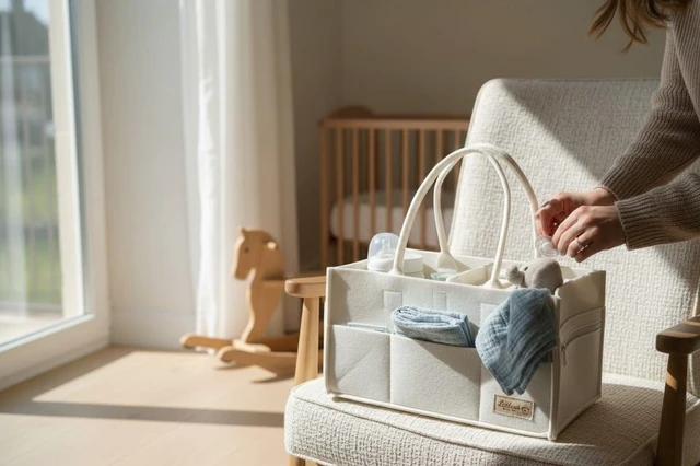 Alt view image 7 of 7 - Diaper Caddy Organizer with Handles and Removable Dividers for Baby Essentials, Portable Felt Nursery Storage Basket
