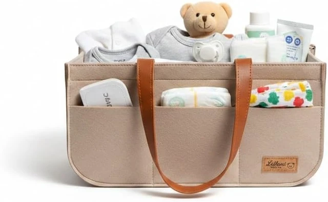 Alt view image 5 of 7 - and Toys, Wipes, Multi-Functional Organizer for Diapers, Portable Felt Nursery Storage Basket with Handles and Removable Dividers
