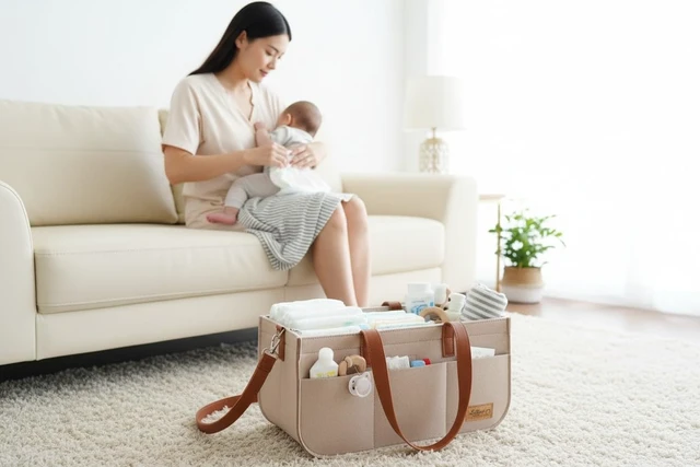 Alt view image 6 of 7 - and Toys, Wipes, Multi-Functional Organizer for Diapers, Portable Felt Nursery Storage Basket with Handles and Removable Dividers