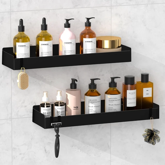 Main image of No Drill Large Capacity Organizer Rack, Rustproof Stainless Steel Bathroom Shelf with Hooks, Adhesive Shower Caddy