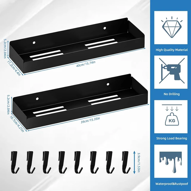 Alt view image 2 of 7 - No Drill Large Capacity Organizer Rack, Rustproof Stainless Steel Bathroom Shelf with Hooks, Adhesive Shower Caddy