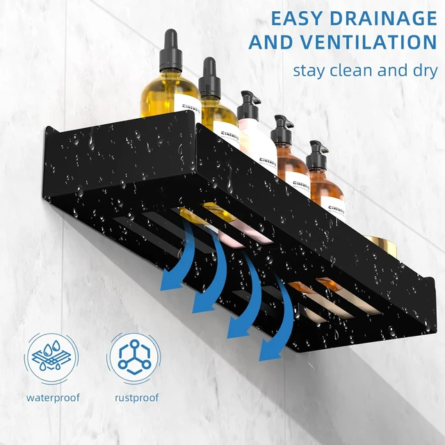 Alt view image 3 of 7 - No Drill Large Capacity Organizer Rack, Rustproof Stainless Steel Bathroom Shelf with Hooks, Adhesive Shower Caddy