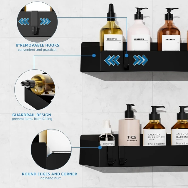 Alt view image 4 of 7 - No Drill Large Capacity Organizer Rack, Rustproof Stainless Steel Bathroom Shelf with Hooks, Adhesive Shower Caddy
