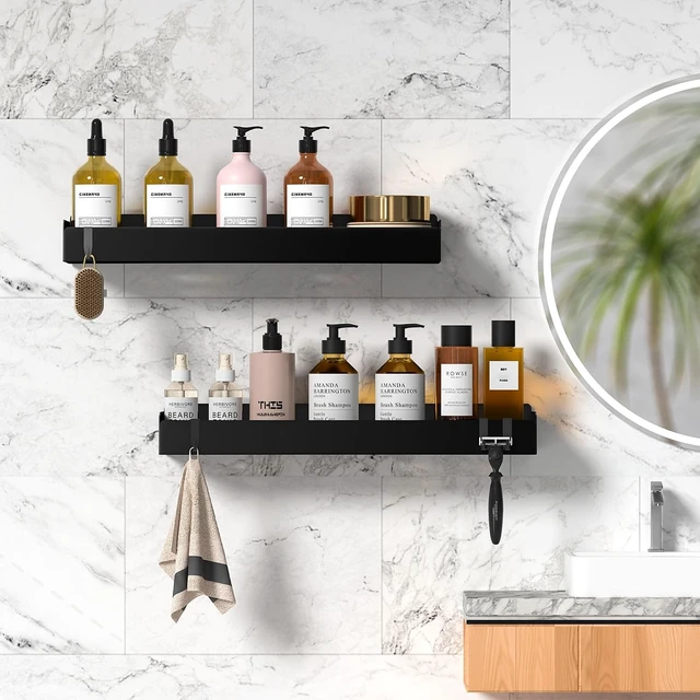 Alt view image 5 of 7 - No Drill Large Capacity Organizer Rack, Rustproof Stainless Steel Bathroom Shelf with Hooks, Adhesive Shower Caddy