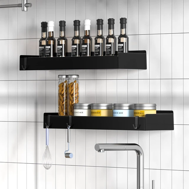 Alt view image 7 of 7 - No Drill Large Capacity Organizer Rack, Rustproof Stainless Steel Bathroom Shelf with Hooks, Adhesive Shower Caddy