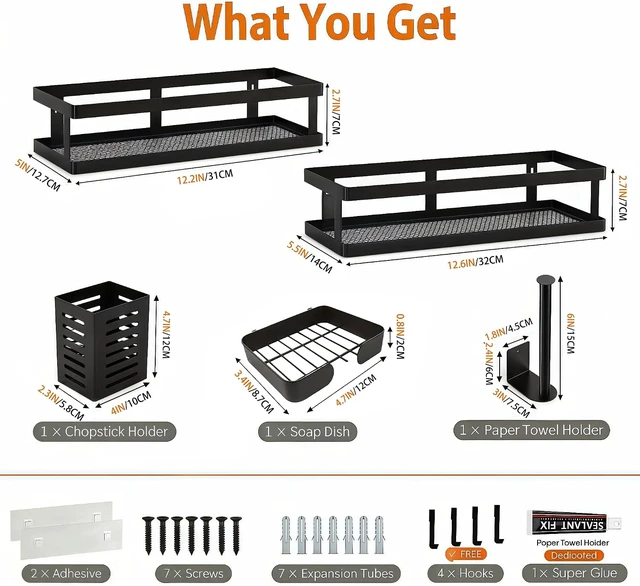 Alt view image 3 of 7 - Utensil Holder and Soap Dish, Paper Towel Holder, 5-in-1 Wall Mounted Shower Caddy & Kitchen Organizer Set with Rustproof Mesh Baskets