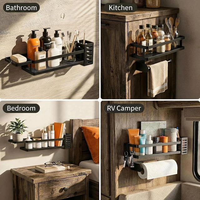 Alt view image 7 of 7 - Utensil Holder and Soap Dish, Paper Towel Holder, 5-in-1 Wall Mounted Shower Caddy & Kitchen Organizer Set with Rustproof Mesh Baskets