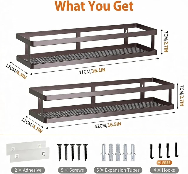 Alt view image 2 of 6 - Open Mesh Kitchen Spice Organizer with High Weight Capacity, Rust-Resistant Wall-Mounted Bathroom Storage Rack, Double Pack Long Narrow Adhesive Shower Shelf