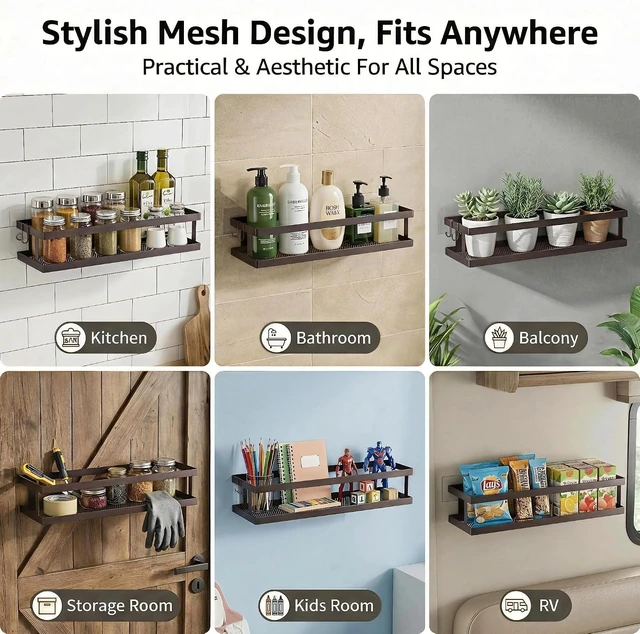 Alt view image 3 of 6 - Open Mesh Kitchen Spice Organizer with High Weight Capacity, Rust-Resistant Wall-Mounted Bathroom Storage Rack, Double Pack Long Narrow Adhesive Shower Shelf