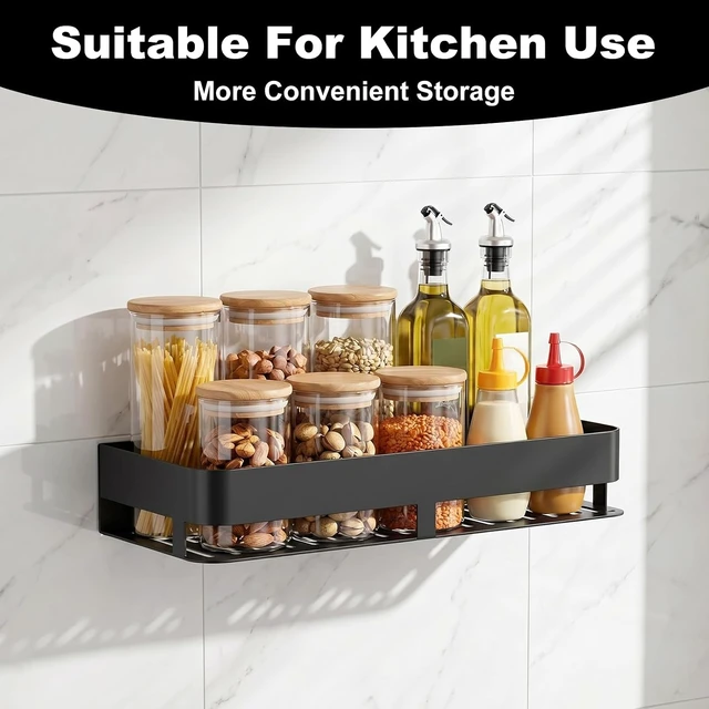 Alt view image 3 of 7 - Tool-Free Installation, Heavy-Duty Wall-Mounted Storage Rack, Two-Tier Adhesive Bathroom Organizer, Aluminum Shower Caddy Set
