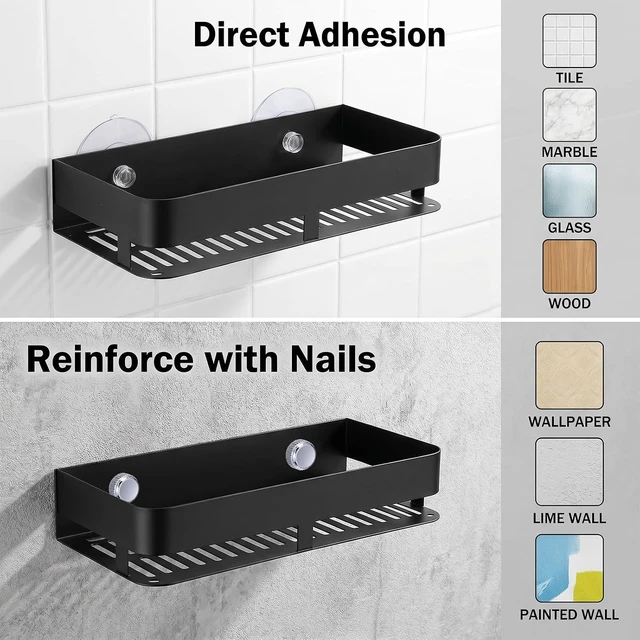 Alt view image 4 of 7 - Tool-Free Installation, Heavy-Duty Wall-Mounted Storage Rack, Two-Tier Adhesive Bathroom Organizer, Aluminum Shower Caddy Set
