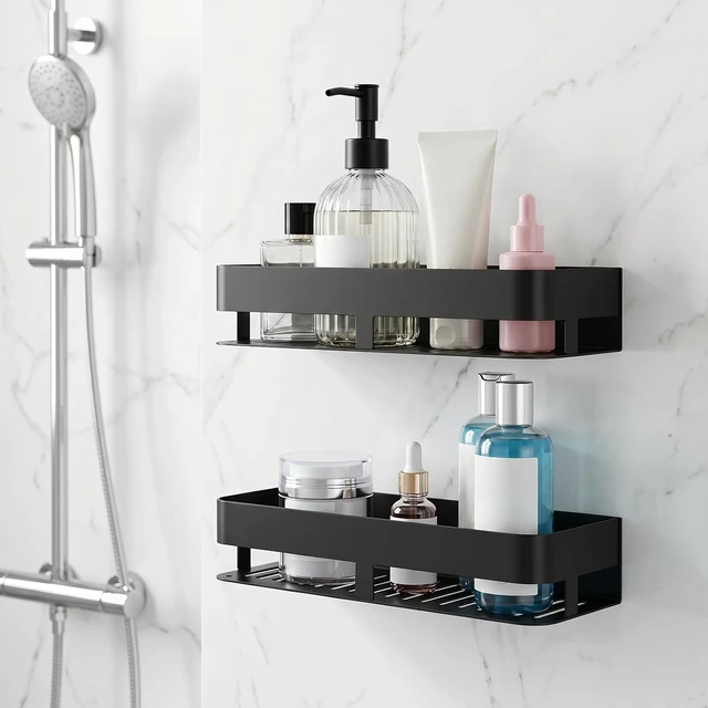 Alt view image 7 of 7 - Tool-Free Installation, Heavy-Duty Wall-Mounted Storage Rack, Two-Tier Adhesive Bathroom Organizer, Aluminum Shower Caddy Set