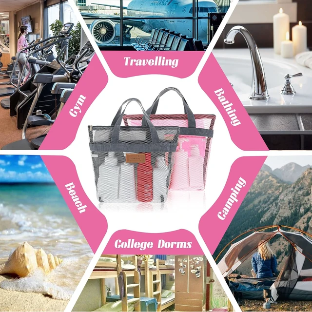 Alt view image 7 of 7 - 2pcs Mesh Shower Caddy Portable Hanging Toiletry Bag Quick Dry Zippered Bath Organizer for Travel Gym Swimming Camping Dorm Beach