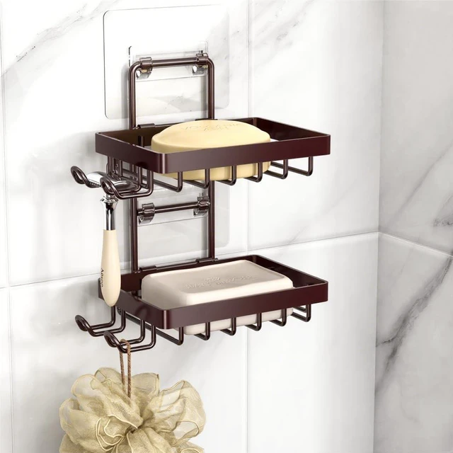 Main image of Bathroom Storage Rack, No-Drill Wall Mount Design with Hooks and Razor Slot, Rust-Free Stainless Steel Shower Soap Dish