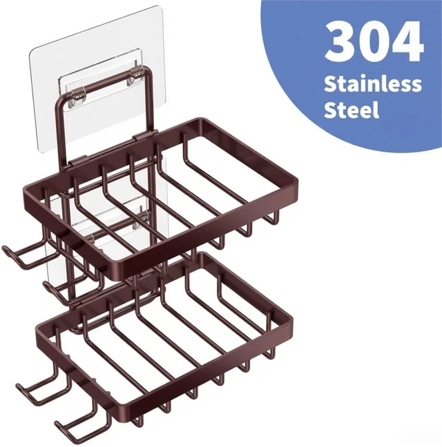 Alt view image 2 of 7 - Bathroom Storage Rack, No-Drill Wall Mount Design with Hooks and Razor Slot, Rust-Free Stainless Steel Shower Soap Dish