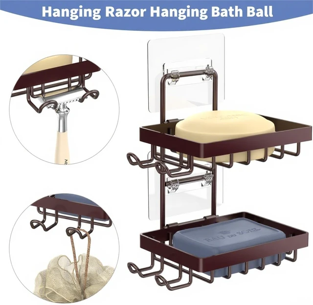 Alt view image 3 of 7 - Bathroom Storage Rack, No-Drill Wall Mount Design with Hooks and Razor Slot, Rust-Free Stainless Steel Shower Soap Dish