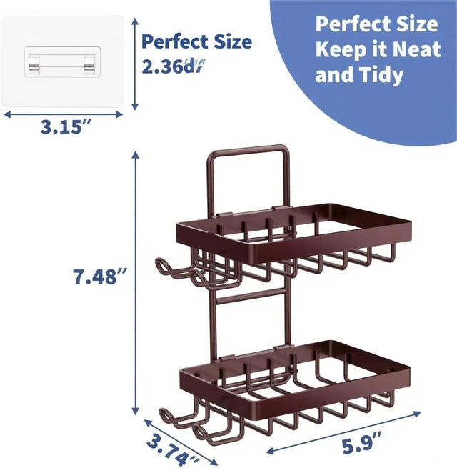 Alt view image 5 of 7 - Bathroom Storage Rack, No-Drill Wall Mount Design with Hooks and Razor Slot, Rust-Free Stainless Steel Shower Soap Dish