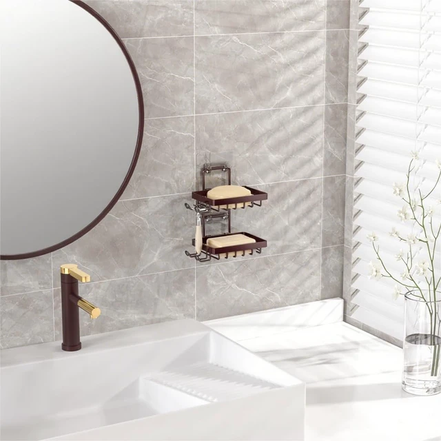Alt view image 6 of 7 - Bathroom Storage Rack, No-Drill Wall Mount Design with Hooks and Razor Slot, Rust-Free Stainless Steel Shower Soap Dish
