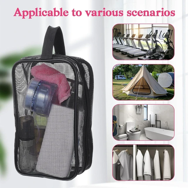 Alt view image 4 of 7 - Camping & Beach, Travel, Quick-Dry Portable Toiletry Organizer for Gym, Black Mesh Shower Caddy Bag for Men