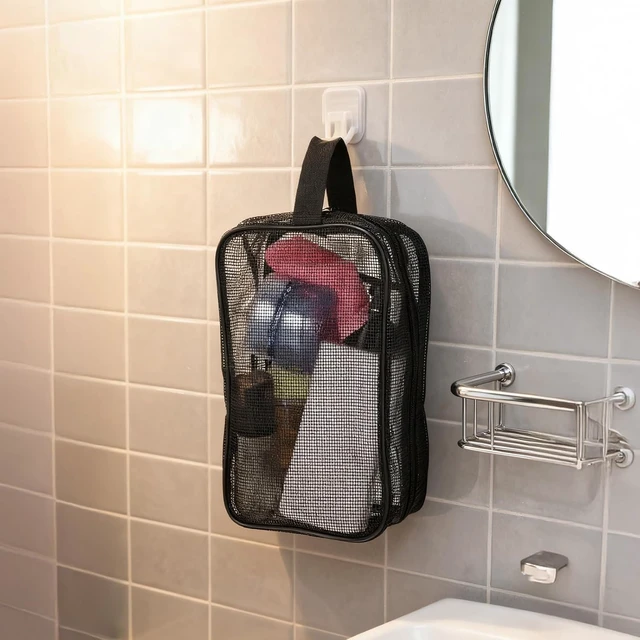 Alt view image 5 of 7 - Camping & Beach, Travel, Quick-Dry Portable Toiletry Organizer for Gym, Black Mesh Shower Caddy Bag for Men
