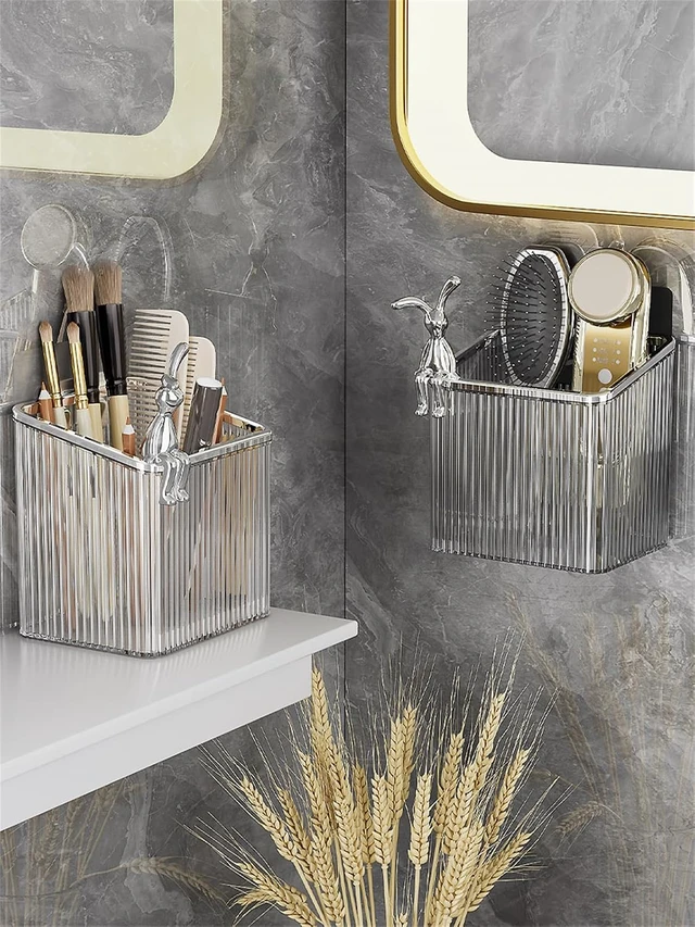 Alt view image 5 of 5 - No-Drill Adhesive Wall Storage Bins Floating Shelf Organizer for Makeup Kitchen Office Home