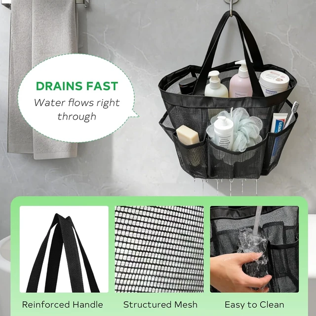 Alt view image 3 of 7 - Gym & Travel, Camp, Beach, Hanging Organizer for Bathroom, Portable Mesh Shower Tote Bag with Quick-Dry Fabric