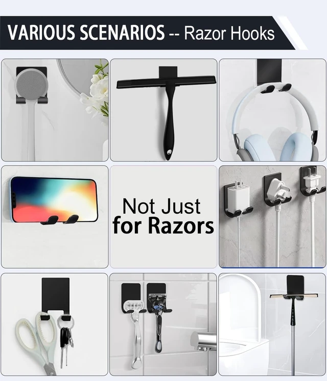Alt view image 4 of 6 - Damage-Free Bathroom Storage, Robes & Stockings, Removable Metal Wall Mount for Towels, Adhesive Shower Razor Organizer with 3 Hooks