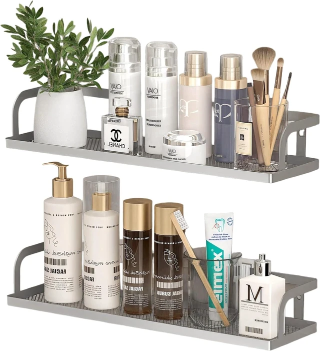 Main image of Cabinet Door Mount Holds 50LBS, Wall-Mounted Spice Rack & Bathroom Storage Shelf with Mesh Bottom, Double Pack Long Narrow Openwork Shower Organizer