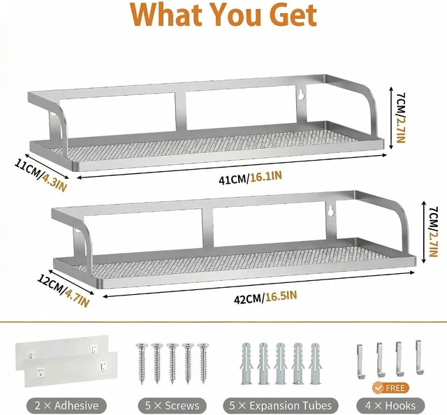 Alt view image 3 of 7 - Cabinet Door Mount Holds 50LBS, Wall-Mounted Spice Rack & Bathroom Storage Shelf with Mesh Bottom, Double Pack Long Narrow Openwork Shower Organizer