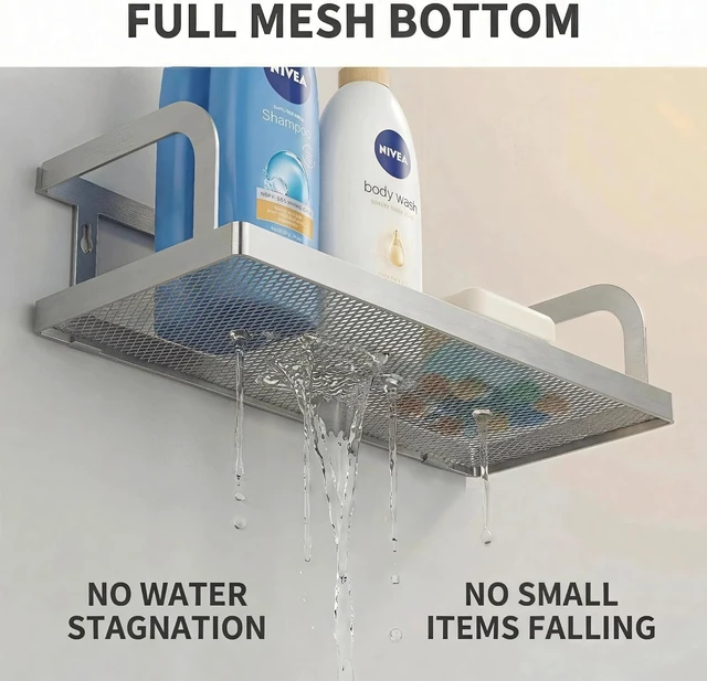 Alt view image 5 of 7 - Cabinet Door Mount Holds 50LBS, Wall-Mounted Spice Rack & Bathroom Storage Shelf with Mesh Bottom, Double Pack Long Narrow Openwork Shower Organizer