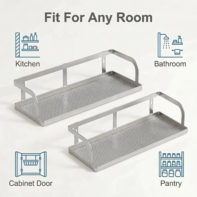 Alt view image 6 of 7 - Cabinet Door Mount Holds 50LBS, Wall-Mounted Spice Rack & Bathroom Storage Shelf with Mesh Bottom, Double Pack Long Narrow Openwork Shower Organizer