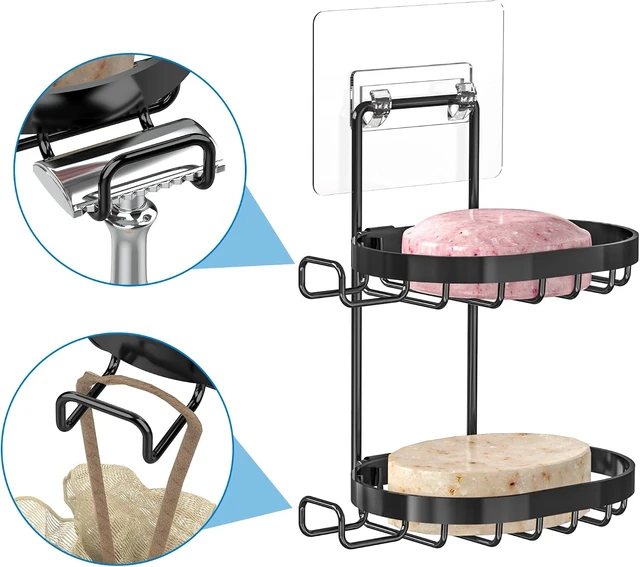 Alt view image 3 of 7 - Shower Wall Mounted Shampoo Bar Caddy and Razor Holder for Bathroom, MASADI Double Layer Stainless Steel Soap Dish with Hooks