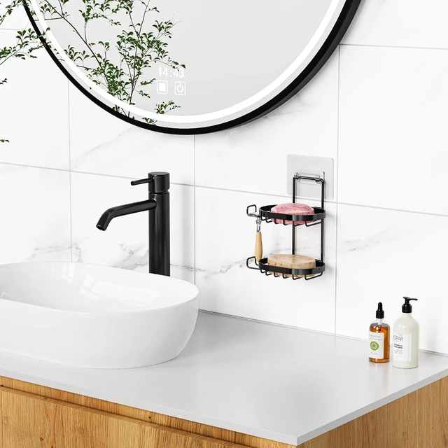 Alt view image 6 of 7 - Shower Wall Mounted Shampoo Bar Caddy and Razor Holder for Bathroom, MASADI Double Layer Stainless Steel Soap Dish with Hooks